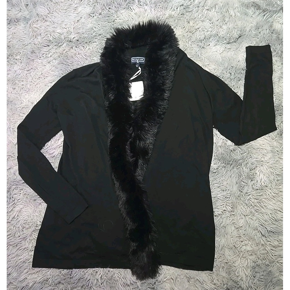 Duffield Lane Women's Open Cardigan Size L Cashmere Blend Faux Fur Collar NWT